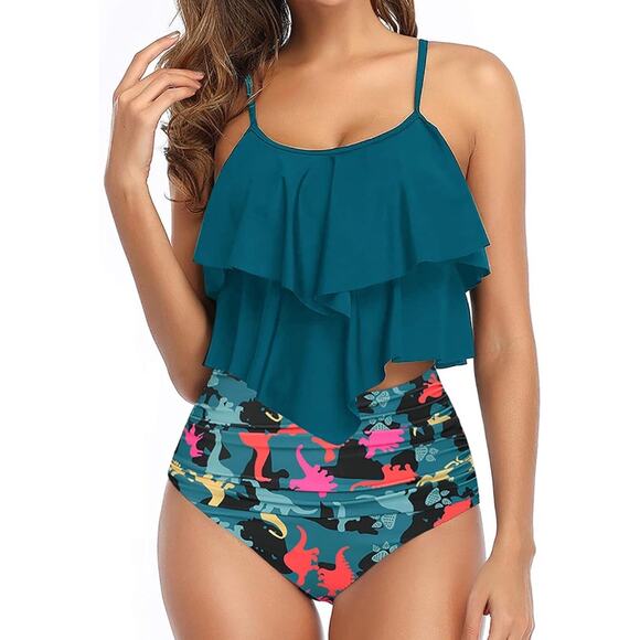 Adisputent Women High Waisted Bathing Suits Flounce Halter Bikini Two Piece Sz M - Picture 1 of 9